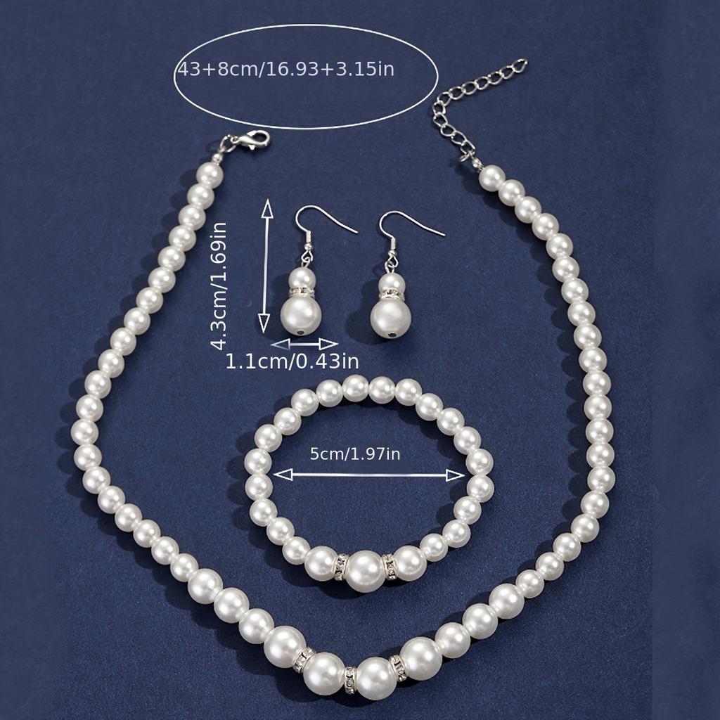 1 Set of 3 Gorgeous Classic Imitation Pearl Diamond Stud Earrings Bracelet Necklace Combination Set Exquisite Engagement Gift