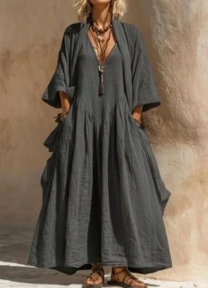 Neues böhmisches V-Ausschnitt bedrucktes langes Kleid lockere Sonnencreme-Bluse Strandurlaub Strandkleid