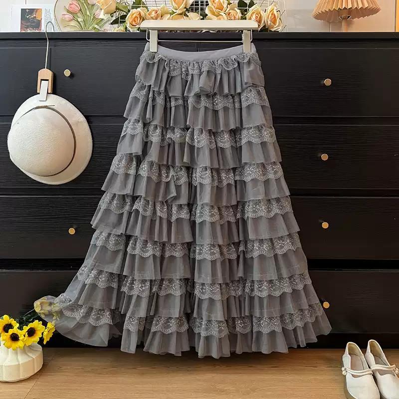 Tulle Ruffle Tiered Maxi Skirt French Romantic Floral Lace Hem Fluffy Full Swing Cake Skirt for Women Autumn QT2968