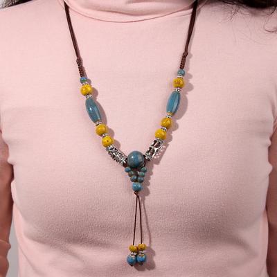 Ethnic στυλ Χειροποίητες κεραμικές χάντρες Μακρύ κολιέ Πολύχρωμο κολιέ πουλόβερ με χάντρες Κολιέ με υφαντό κόσμημα