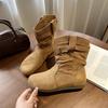[Fanfna] Retro Versatile Thin Boots Korean Version Round Head Flat Bottom Short Boots Women's Fashion Pleated Stacking Boots