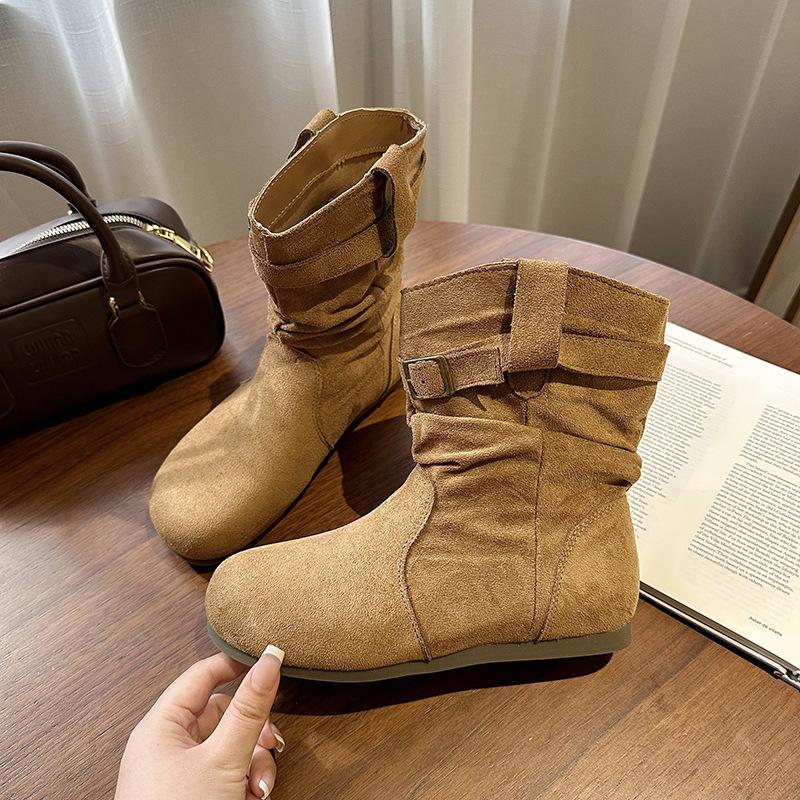 [Fanfna] Retro Versatile Thin Boots Korean Version Round Head Flat Bottom Short Boots Women's Fashion Pleated Stacking Boots