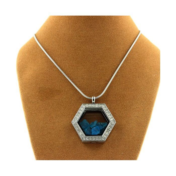 Stones and Minerals. Raw Neon Blue Apatite Necklace. Hexagon Model.