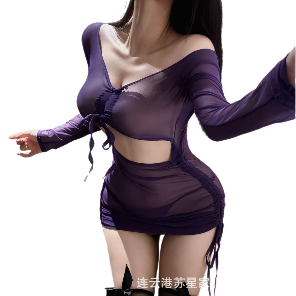Sexy Underwear Women's Uniform Sexy Purple Mesh Perspective Qqny Hip Skirt Pure Desire Internet Celebrity Drawstring Folds