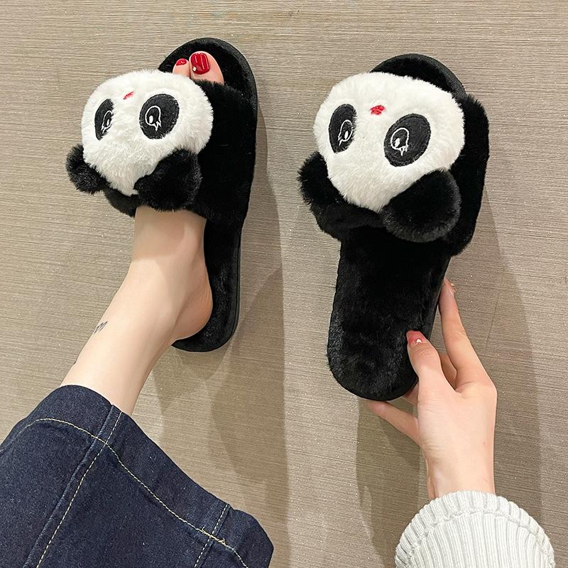 Cartoon Panda Herbst- und Winter-Baumwollpantoffeln Haushalt Niedliche Indoor-Plüschpantoffeln Rutschfeste Flache Sohle Flauschige Einwort-Pantoffeln