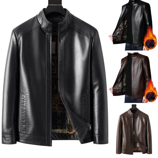 Men Jacket Standing Collar Zipper Closure Jacket Autumn Winter Casual Faux Leather Jacket Gift for Dad Boyfriend