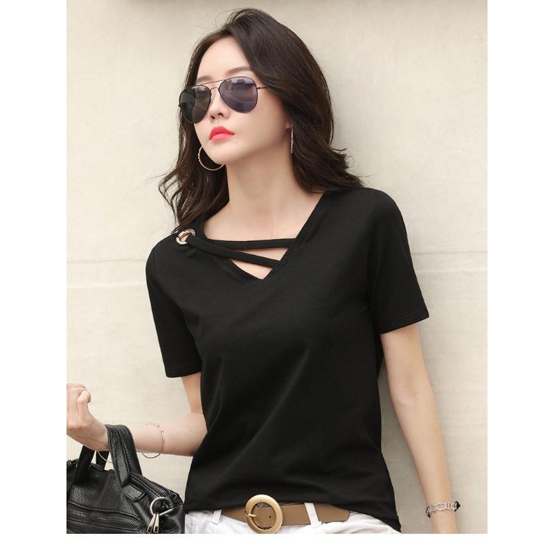 

Short Sleeved Women s Summer V-neck Tshirts 2026 New Casual T-shirt Fashion Elegant Loose Korean Style Top Simple Large Size Shirts Solid Color Blouse M чёрный