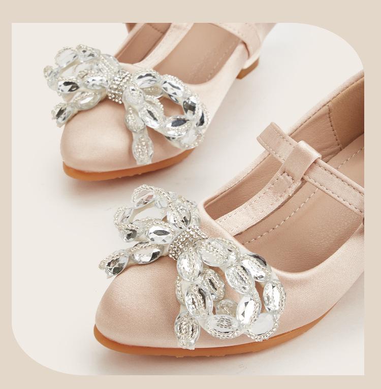 2025 Winter Crystal Flower Bow High Heels for Girls - Pointed Toe Leather Shoes for Small and Medium Children