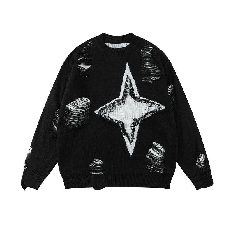 Streetwear Ripped Crewneck Sweater Unisex Loose Fit Hip Hop Knit Top Fall