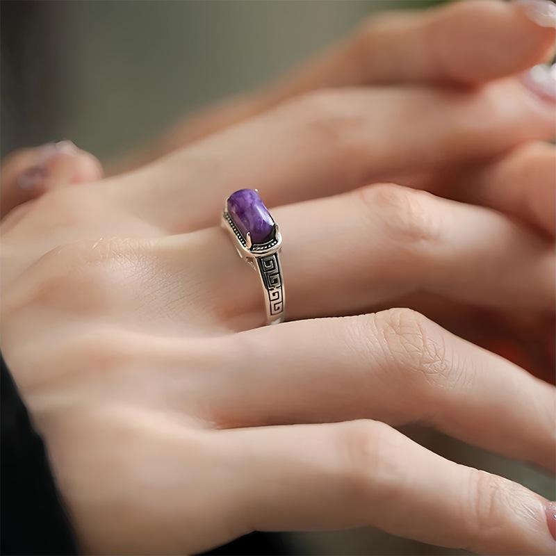 925 Sterling Silver Jewelry Vintage Purple Jade Open Finger Rings for Women Wedding Party Jewelry For Girls Friend Gift