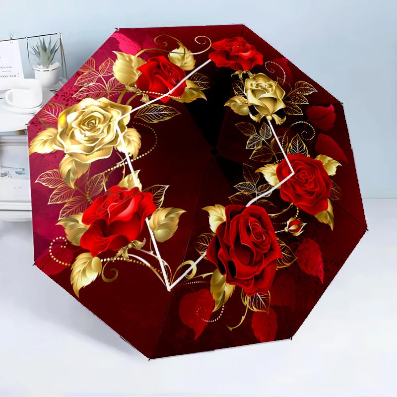 Golden Rose Wreath Design 8-Frame for Travel, Camping, Casual Lightweight Portable Umbrella, Essential for Every Family Holidays Birthday Gift