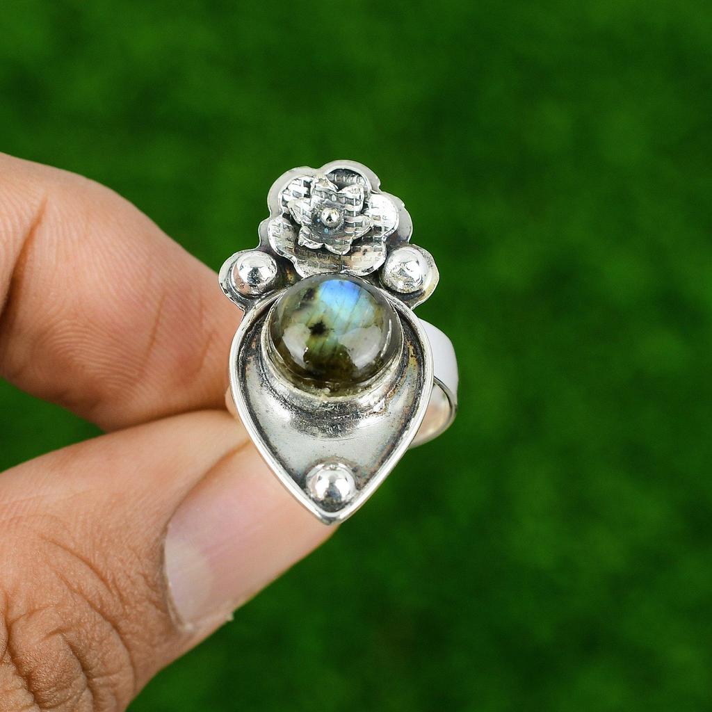 Natural Labradorite 925 Silver Stackable Flower Adjustable Ring For Women