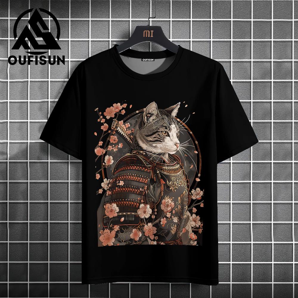 Samurai Cat T-Shirt Men's Japanese Shirt Black Short Sleeve T-Shirt