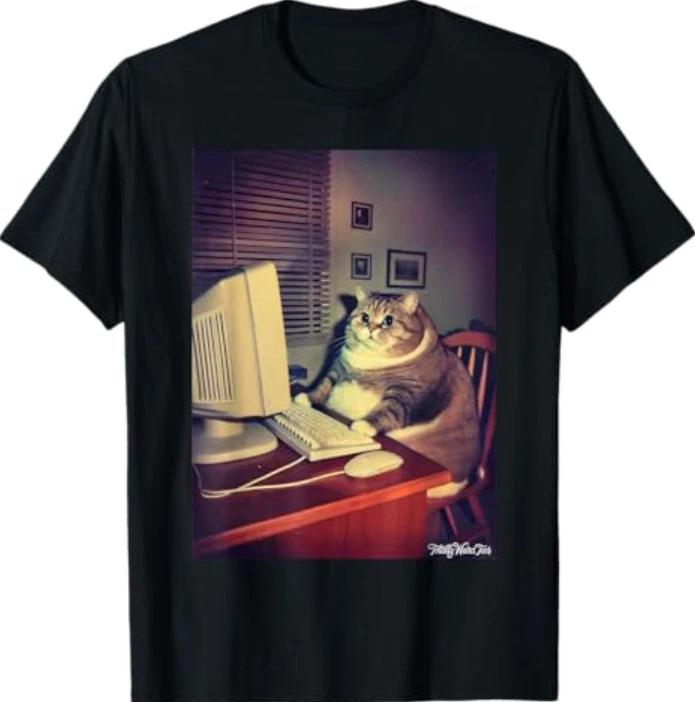 Vintage Cat at Computer Funny Nostalgic Art T- Shirt XL