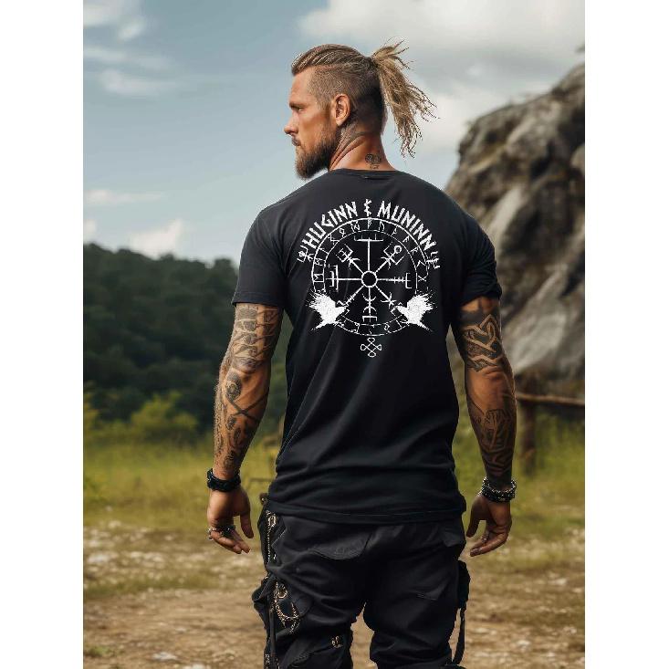 Odins Raben T-Shirt | Huginn Und Muninn Wikinger Runenkreis Backprint Nordic Viking Wear | Casual Crew Neck, Slight Stretch, Regular Fit For Men