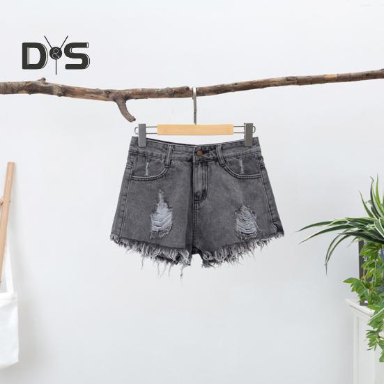 Women Denim Shorts Ripped Hole High Waist Button Zipper Closure Loose Fit A-line Plus Size Pockets Short Jeans Lady Dating Beach Shorts