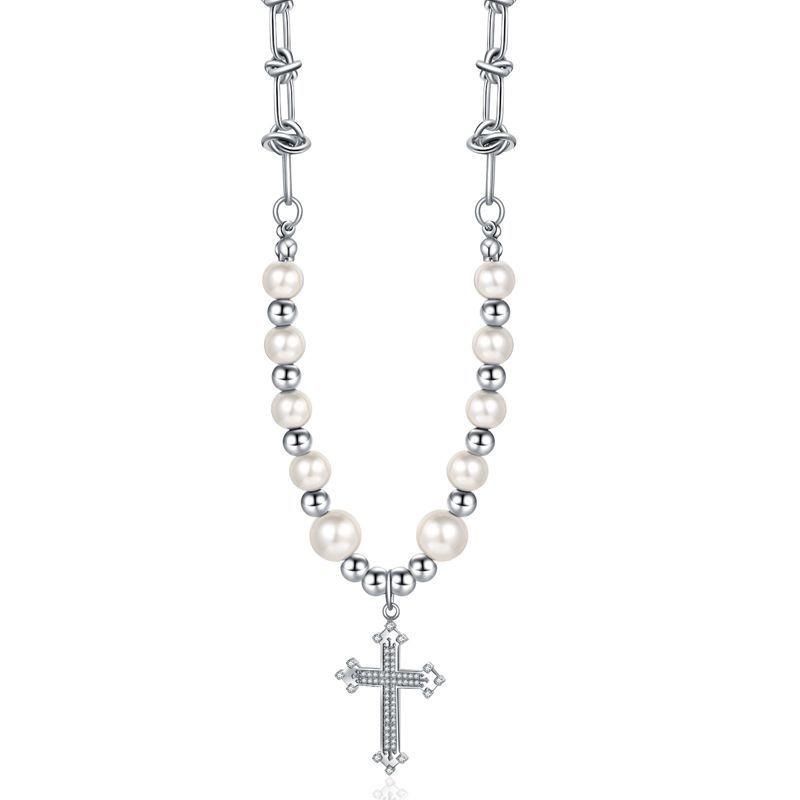 

Стальное Модное Титановое Ожерелье с Подвеской в виде Креста для Стильных Женщин, Украшенное Красильным Жемчугом и Сверкающими Элементами серебряный