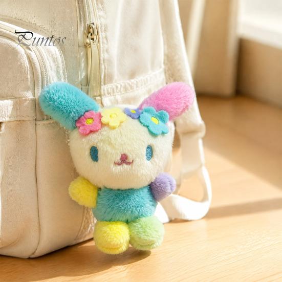Healing Style Key Ornament Cute Fluffy Rabbit Keychain, Plush Card Holder Pendant with Gift for Students Flower Embroidery, Kawaii Bag Charm