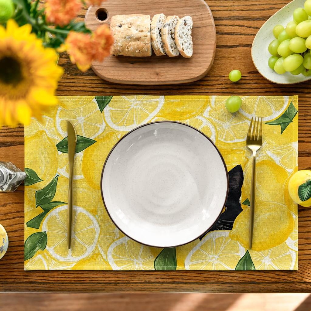 Lemon Cat Summer Placemats Set of 4, 12x18 Inch Seasonal Spring Holiday Table Mats for Party Kitchen Dining Decoration