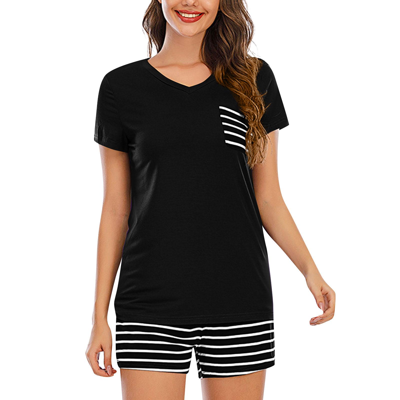 

Women s Pajama Sets Short Sleeve Stripe Sleepwear Lapel Nightwear Soft Sets XXL чёрный