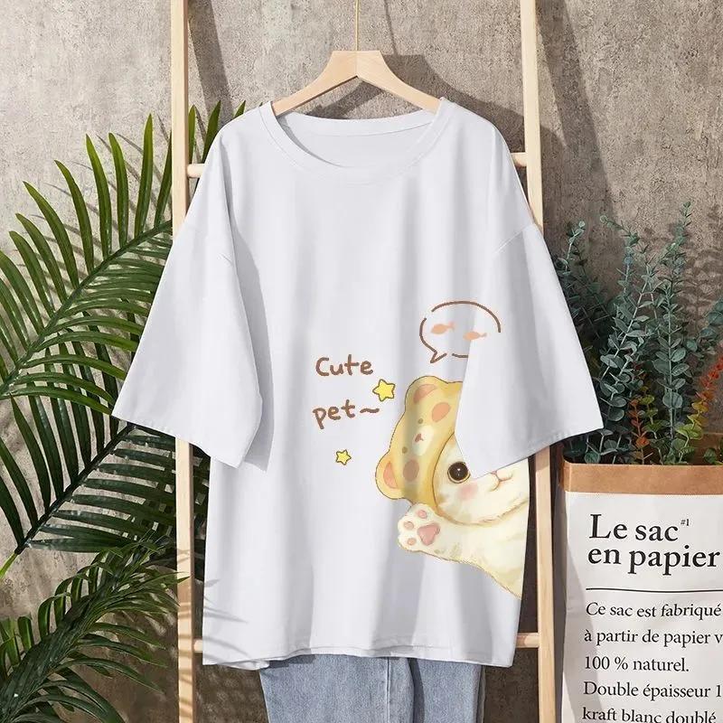 T-shirt Women Casual Large Size Loose Round Neck Printed Pullover Short-sleeved Tops