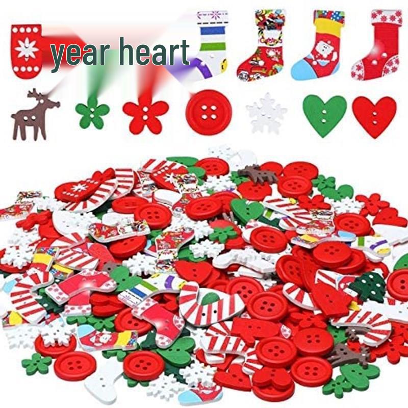 Christmas Tree & Elk Wood Decorative DIY Buttons Set: Printed Gloves & Colorful Designs