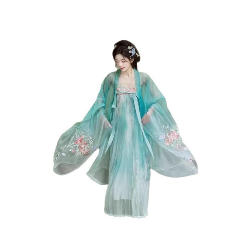 Tang Dynasty Style Hanfu Set With Embroidered Peony Motif Wide Sleeve Top High-Waist Skirt Women