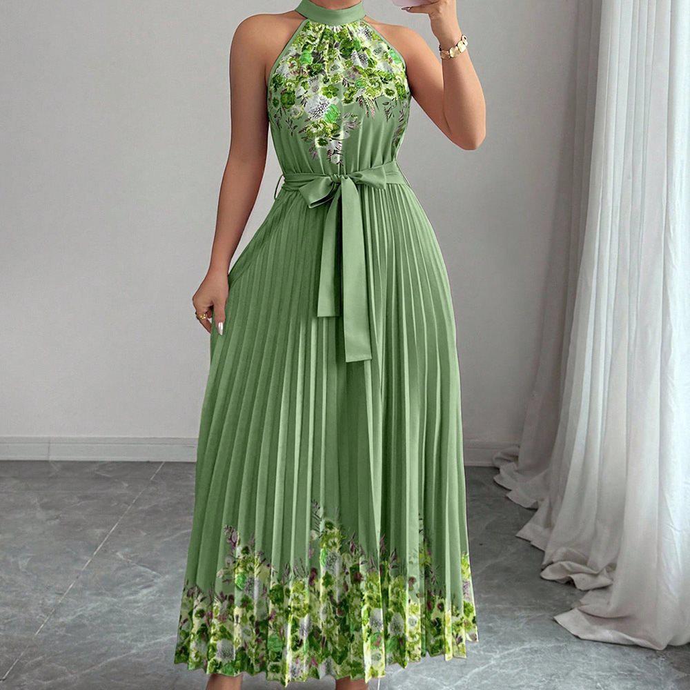2025 European & American Style Women's Printed Pleated Long Dress