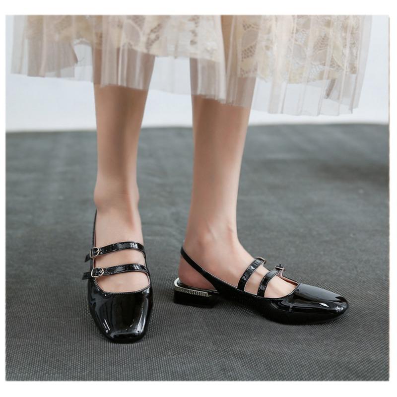 Fashion Mary Janes Women's Sandals Square-Toe Double-Buckle Patent Leather Heel Shoes  with Jean Styling Heels for Ladies Talons Femme