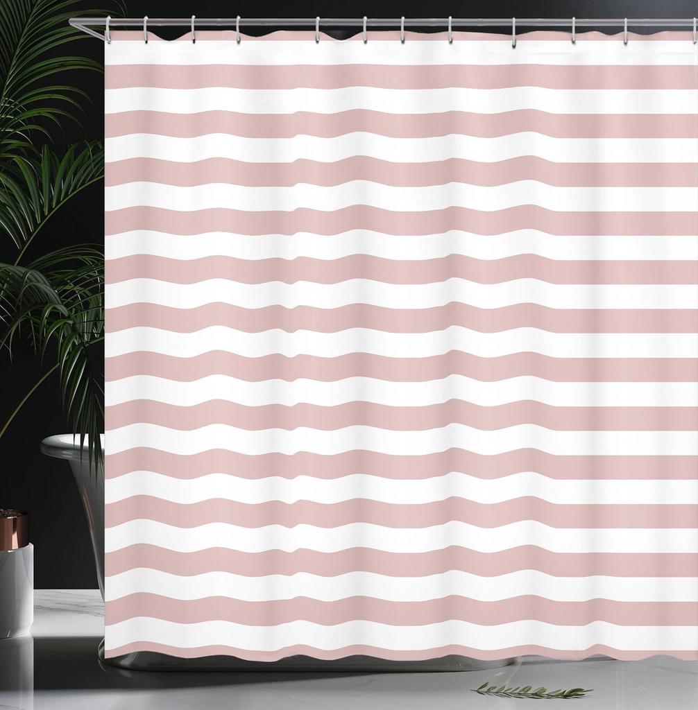 Pink White Striped Shower Curtain Modern Minimalist Design Bathroom Decor Waterproof Fabric Gender Neutral Style Home 150x210
