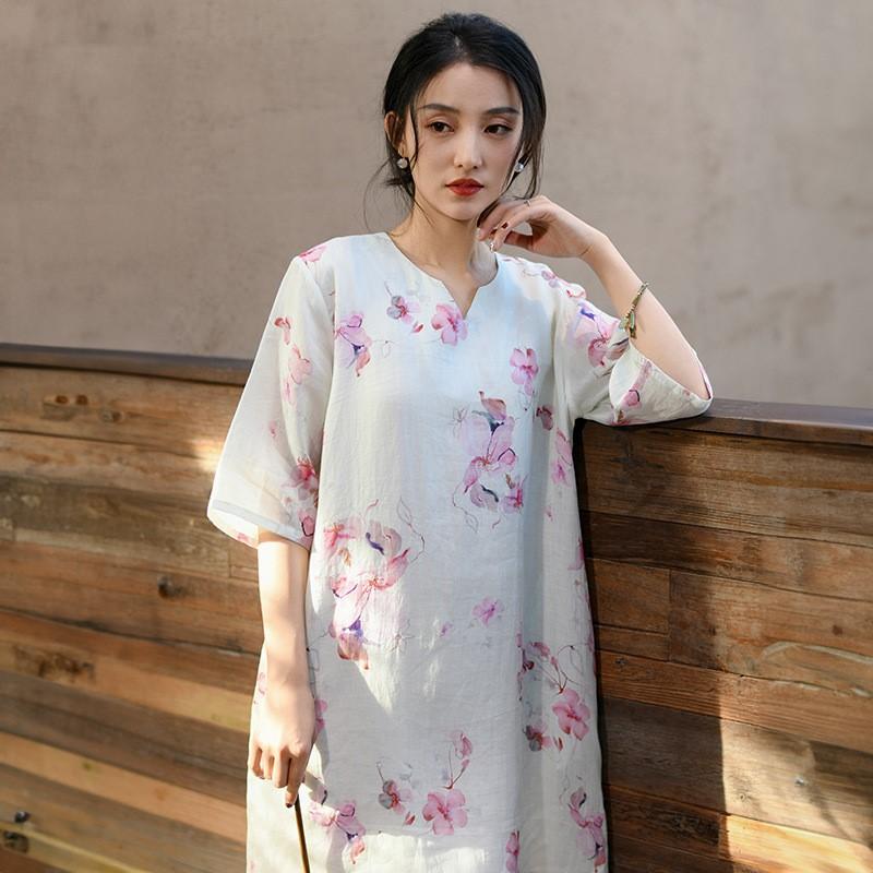 Johnature Women Vintage Print Floral Dresses V-Neck Half Sleeve Summer High Quality Women A-Line Dress