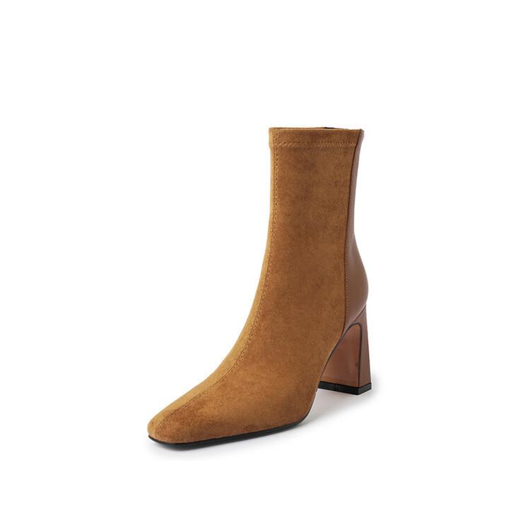 Square Head Thick Heel Short Boots Women's Splicing Fashion Boots Short Tube High Heel Suede Socks Boots Elastic