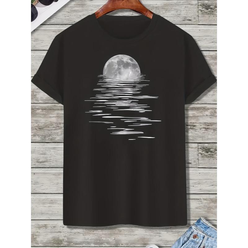 European Sizes Men's Stylish Moon Creative Print T-Shirt, Crew Neck Short Sleeve,Versatile Top For Spring And Summer, Trendy Streetwear Fashion