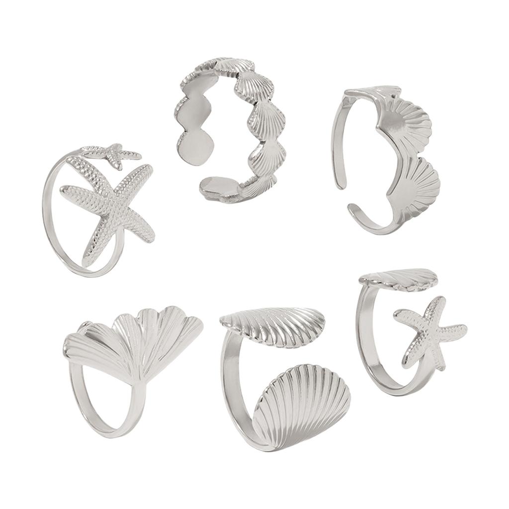 6 Pieces Shell Starfish Adjustable Rings Set Ocean Vacation Jewelry Gift for Her Trendy Stackable Rings for Daily Wear