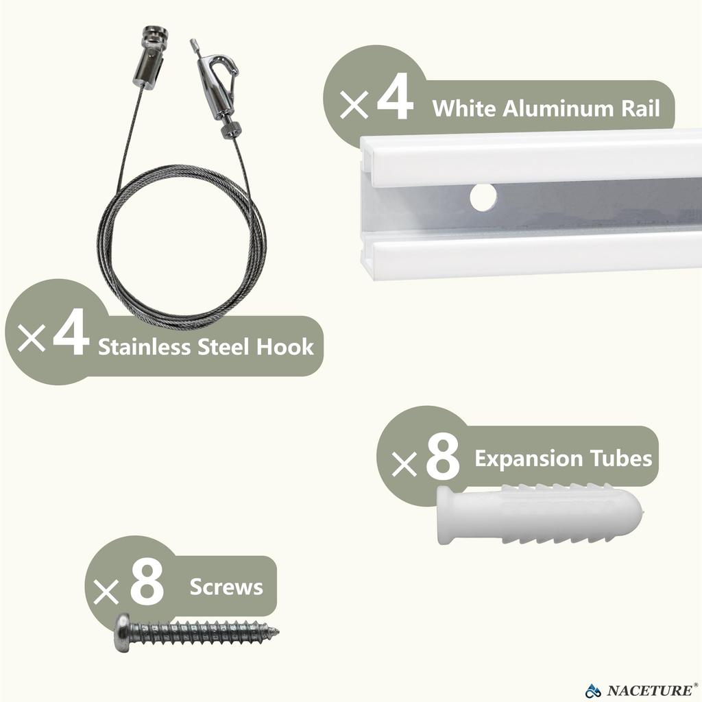 Picture Rail Wall Mounting System (Square Type) – Art Display Rail Set (60cm x 4, 2m Wire Hooks x 4, Mounting Brackets, and Track Caps Included) (4)