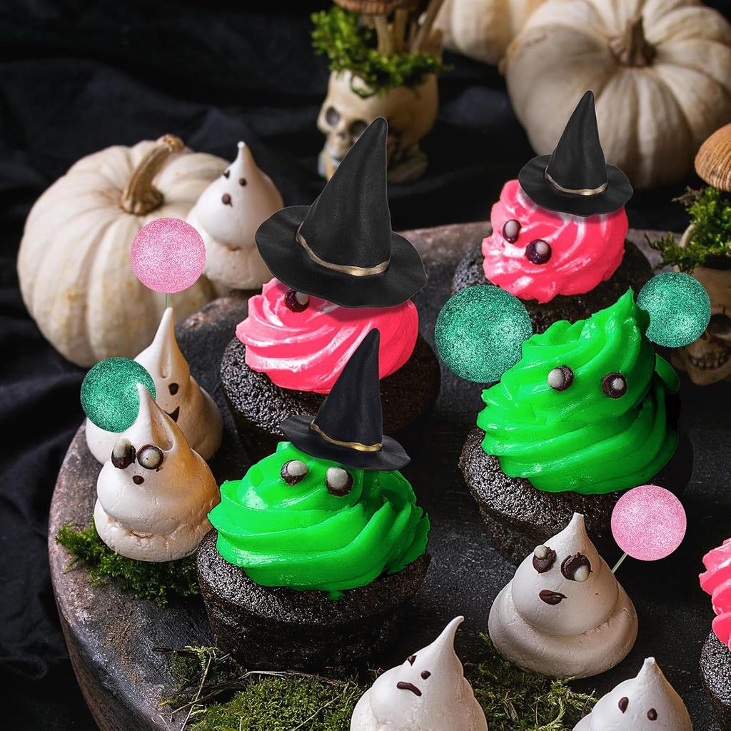 44pcs Witch Cake Toppers Set, Witch Hat & Broom Cupcake Decorations, Green Pink Balloons for Halloween Birthday Cake Decor