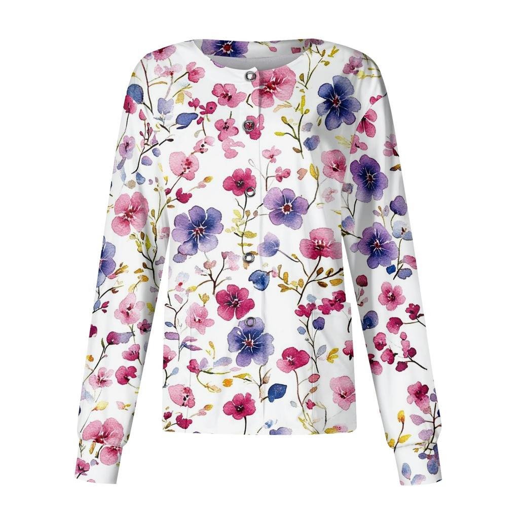 Women Long Sleeve Casual Cardigan Floral Print Button Front Lightweight Open Front Workwear Top
