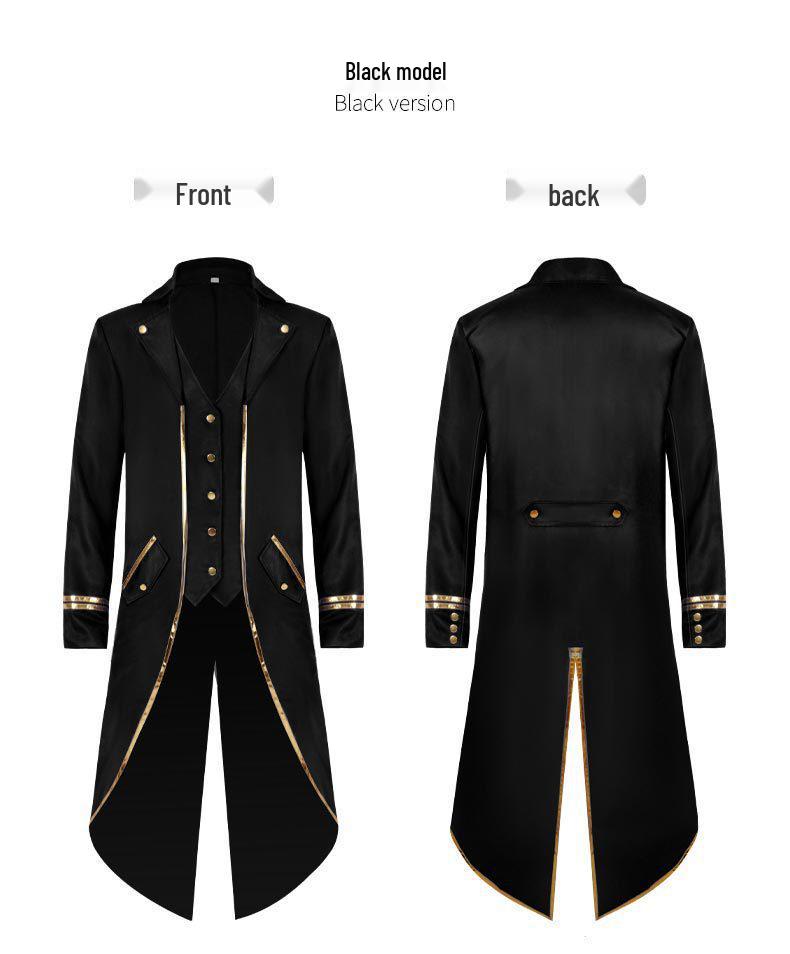 2025 Men's Medieval Gold-Trimmed Evening Tailcoat Costume for Stage Performance