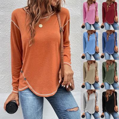 Round Neck Long Sleeve Women T-Shirt Solid Color Loose Casual Tops Button Oversized Cotton Tees Irregular Pullover