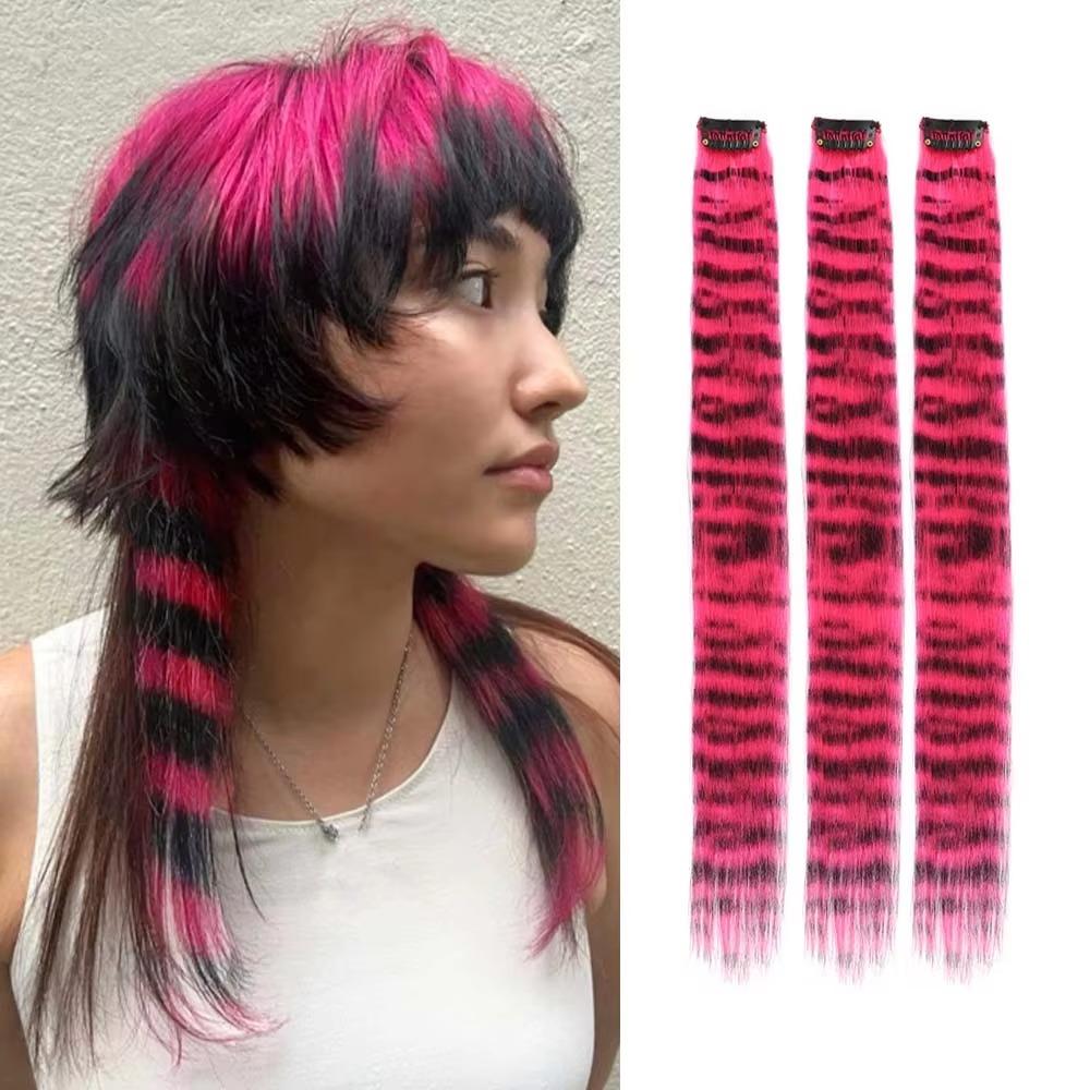 Stripe Printed Clip in Hair Extensions Colorful Wig Hairpieces Christmas Hair Highlights Girls