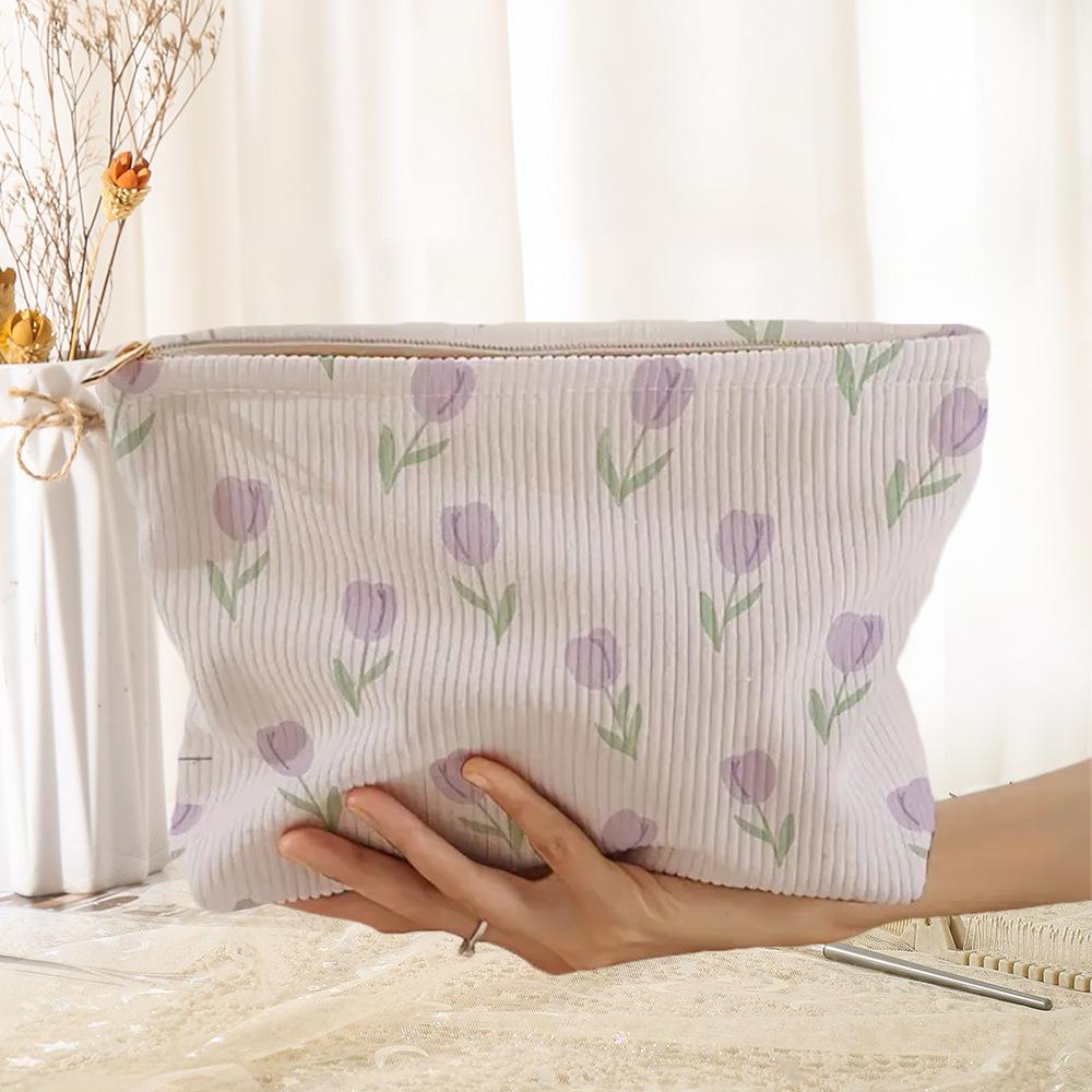 Cute Tulip Cosmetic Bag Gilrs Corduroy Zipper Makeup Organizer Toiletries Storage Pouch Gift Women Travel Portable Make Up Case
