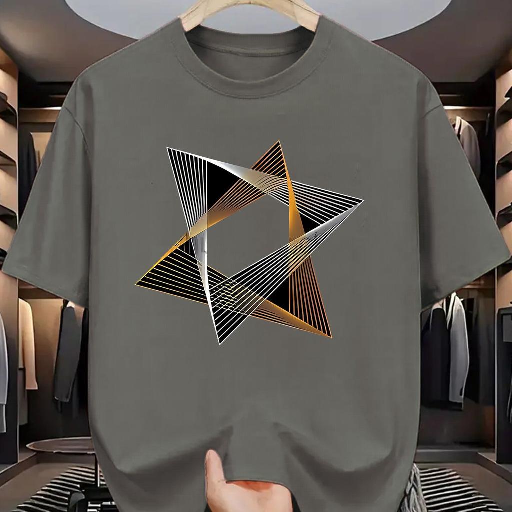 Geometric Star Print Mens Cotton TShirt Casual Short Sleeve Breathable Crew Neck Graphic Tee