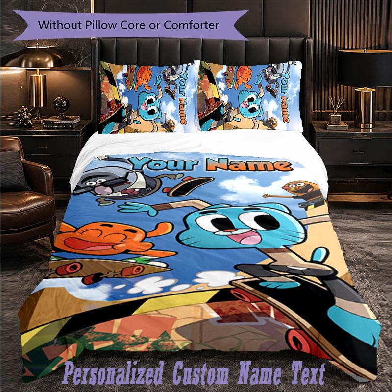 Set de Lenjerie de Pat Personalizat 3 Bucăți Lumea Uimitoare a lui Gumball Husa de Plapumă cu Text Personalizat Set de Fețe de Pernă Cadou pentru Dormitor