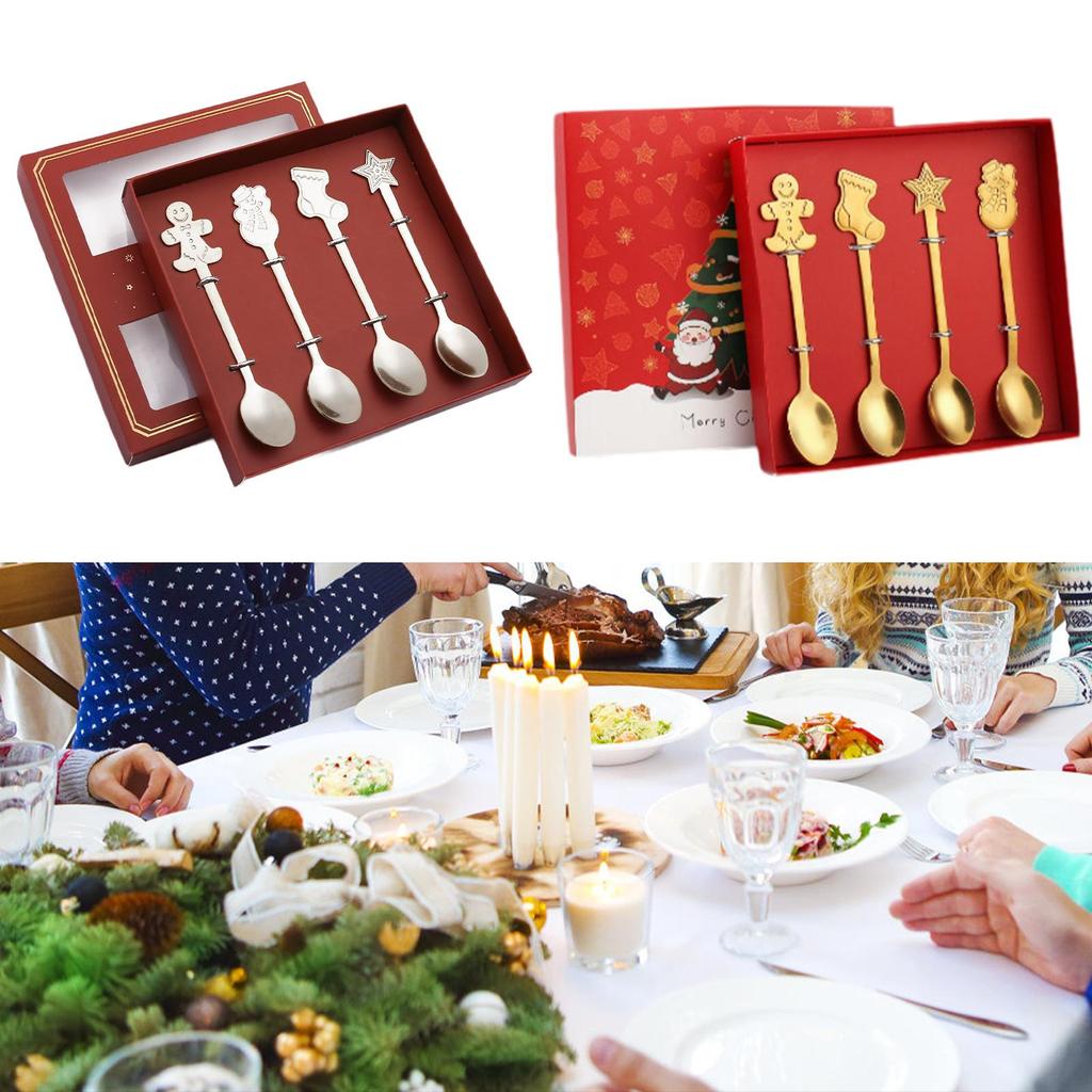 4x Christmas Spoon Set Xmas Cutlery Set Stainless Steel Utensils Tea Spoon for