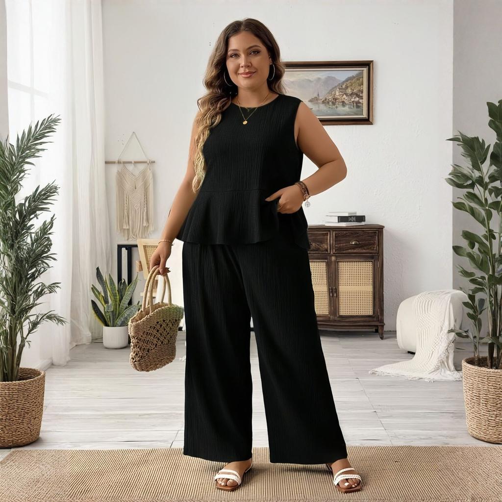 Damski letni casualowy modny top bez rękawów w dużym rozmiarze, luźny i wygodny, spodnie z szerokimi nogawkami, zestaw dwuczęściowy