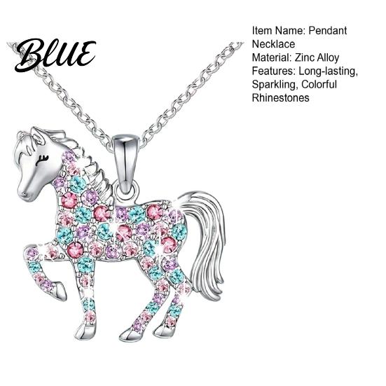 Girls Horse Necklace Rhinestone Pendant Colorful Faux Gems Cute Animal