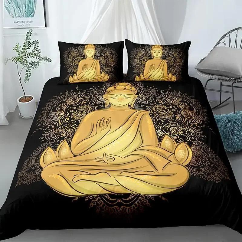 Mandala Buddha Duvet Cover CollectionBohemian Bedding Collection Golden Black Lotus Flowers Print Luxury Microfiber Polyester Comforter Cover