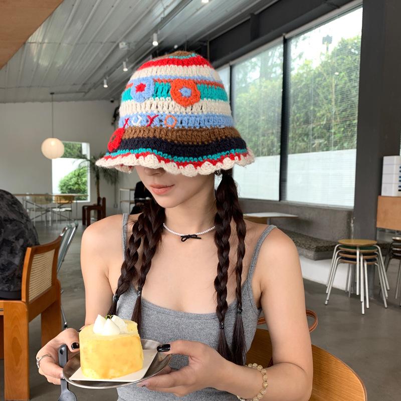 Colorful Flower Knitted Bucket Hat Female Sweet Cute Contrasting Color Pot Hat Versatile Face Small Wool Hat