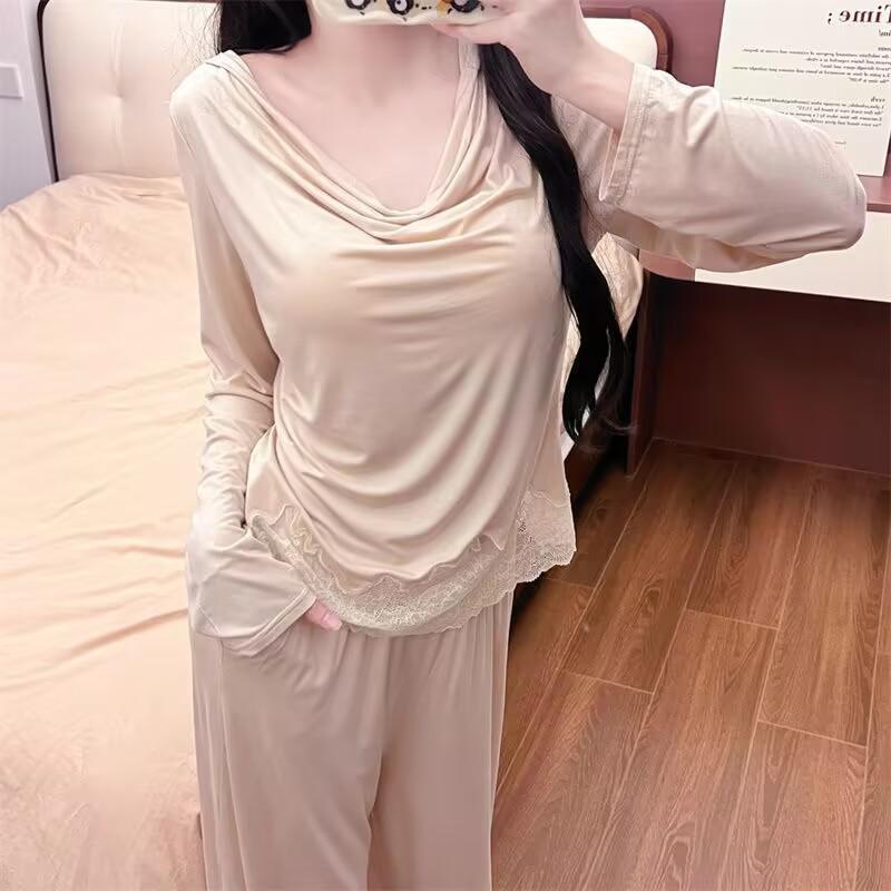 

Women s Modal cotton pajamas with chest pads, long sleeves, pure lust, sexy lace girls spring loungewear suit M