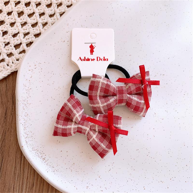 Red Cloth Plaid Bow Hair Rope Ring Children Baby Girls Kid Elastic Hair Rubber Band Accessories Headdress Headwear Ornament